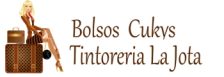 Logotipo de Bolsos Cukys y Tintorería La Jota con ilustración de mujer elegante junto a maletas